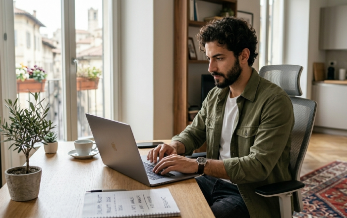 Giovane uomo mentre lavora in smart-working da casa